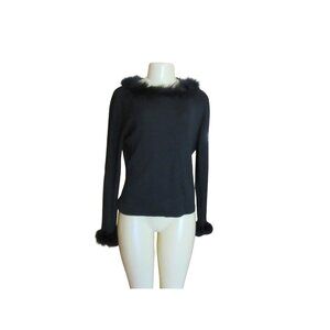 Vintage Cache Black Silk Blend Blouse With Faux Fur Collar & Cuffs Size M